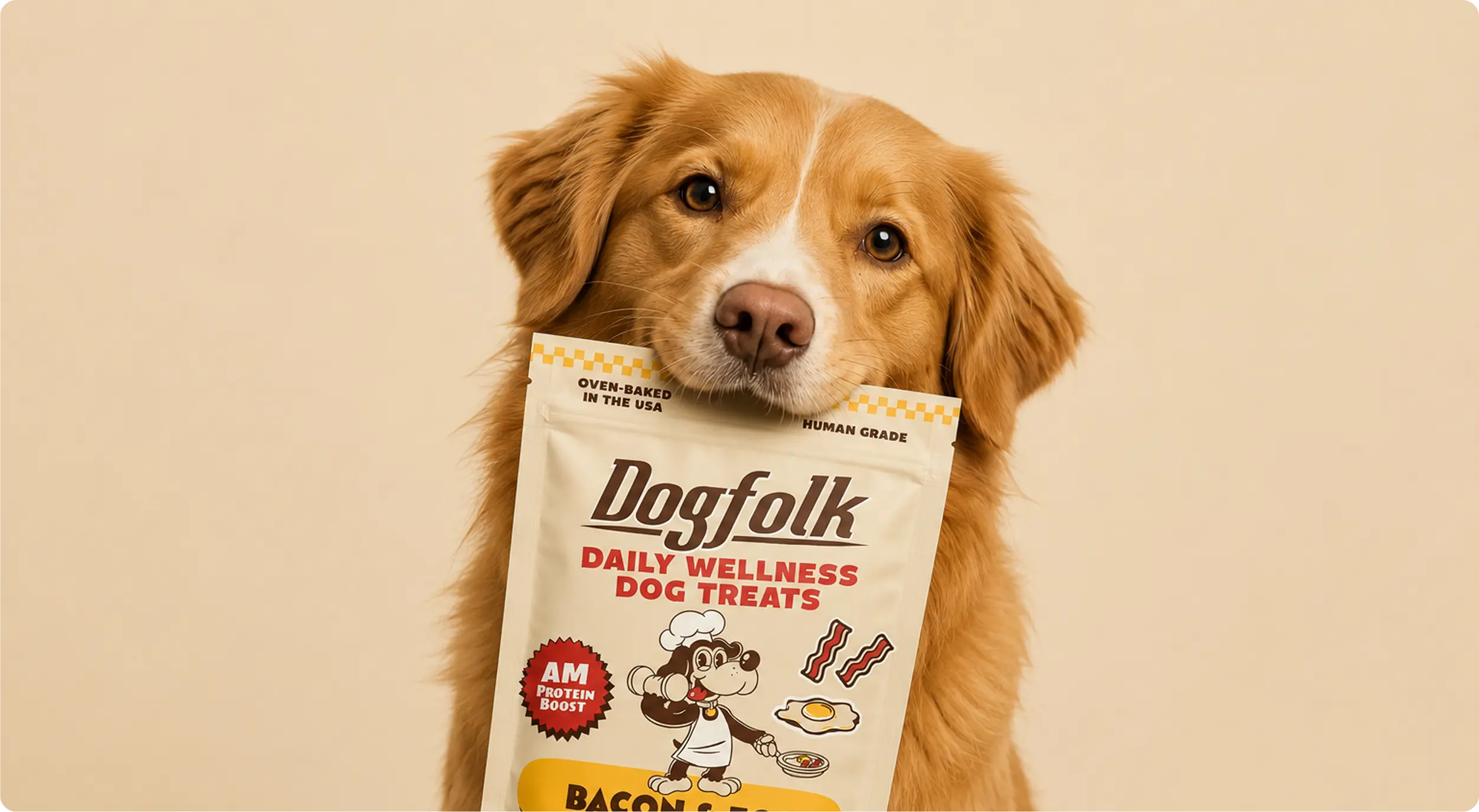 Dog holding a pouch of Dogfolk daily wellness dog treats